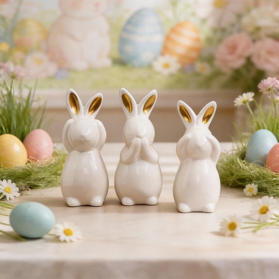 3-Piece Easter Ceramic Bunny Figurine Set - "See No Evil, Hear No Evil, Speak No Evil" Decor