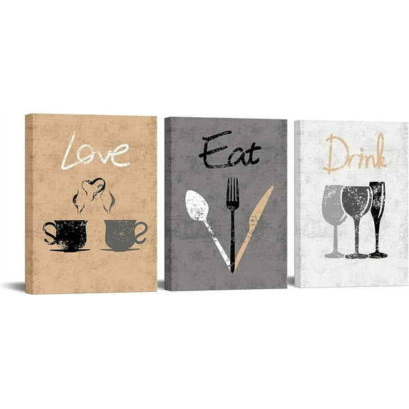 3 Piece Eat Drink Love Canvas Wall Art Vintage Kitchen Painting Pictures Inspirational Artwork Prints for Modern Home Dining Room Restaurant Cafe Bar Wall Decor Framed Ready to Hang