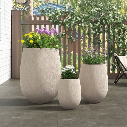 3-Piece Egg-Shaped Planter Set with Stone-Look Texture, Lightweight Outdoor Flower Pots with Drainage Holes and Rubber Plugs, for Patio Garden Poolside, Beige