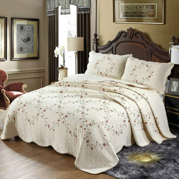 3-Piece Elegant Floral Embroidered Bedspread Coverlet Set Oversize Queen 100% Cotton Reversible Patchwork 1 Quilt And 2 Pillow Shams (Flower,Oversize Queen)