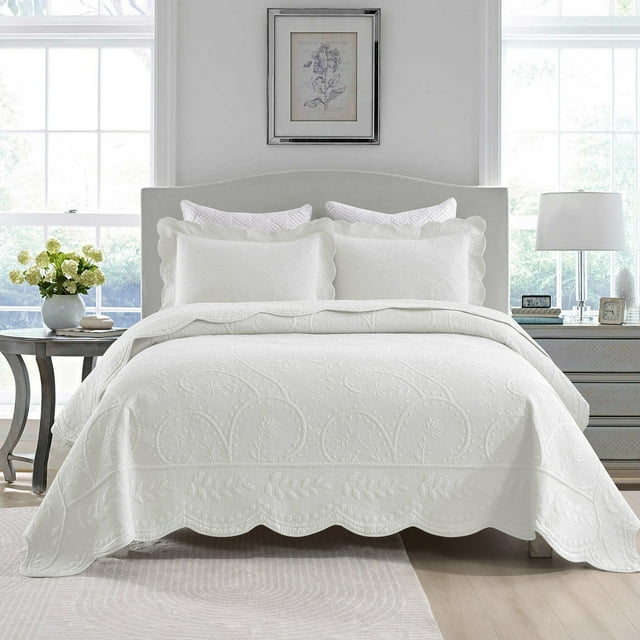3-Piece Elegantly Embroidered 100% Cotton Oversized Quilt Bedspread Set Wavy Edge TX