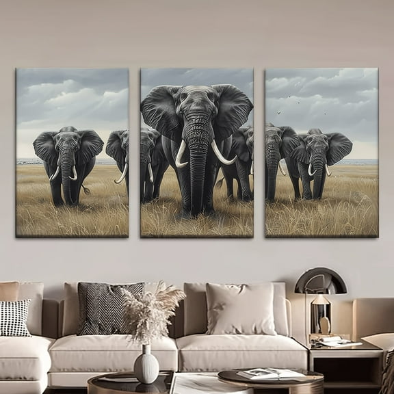 3-Piece Elephant Family Canvas Art Set - Frameless, Classic Style for Living Room, Office, Cafe Wall Decoration - Ideal Gift for Elephant Decoration