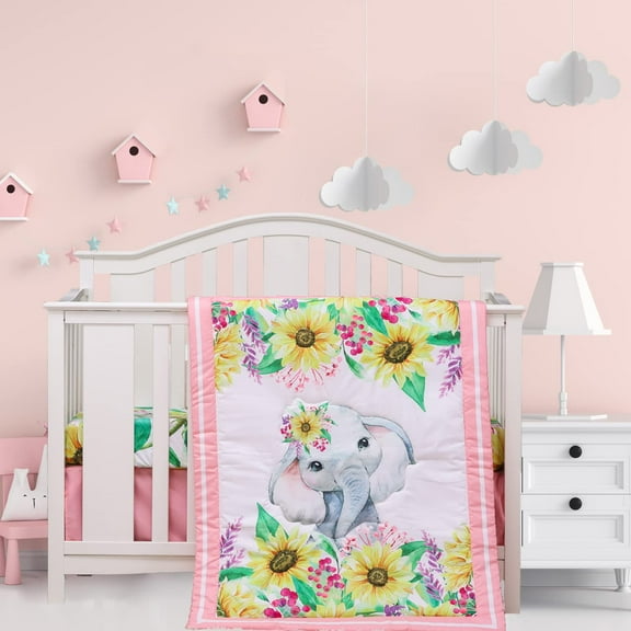 3-Piece Elephant & Sunflower Crib Bedding Set | Standard Nursery Comforter, Fitted Sheet & Skirt