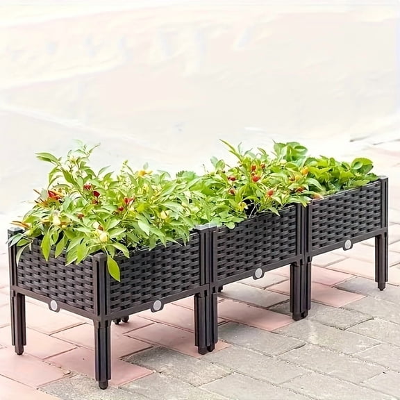 3-Piece Elevated Plastic Planter Box Set with Legs Modular Raised Garden Bed for Outdoor Plants, Vegetables & Herbs, Self-Watering Design, Durable PP Material, Space-Saving for Patio & Balcony