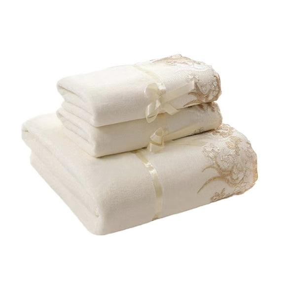 3-Piece Embroidered Cotton Bath Towel Set - Soft Absorbent Luxury Towels with Lace Trim for Bath, Spa, Guest Use - Large Plush & Quick-Dry White Towels