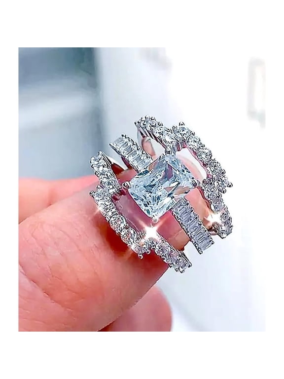 3-Piece Emerald Cut CZ Bridal Ring Set, Silver Plated Halo Engagement Ring with Enhancer Wrap Band,Sparkling Diamond Perfect Cubic Zirconia Round Cut Wedding Bands Engagement Promise Ring Sizes 10
