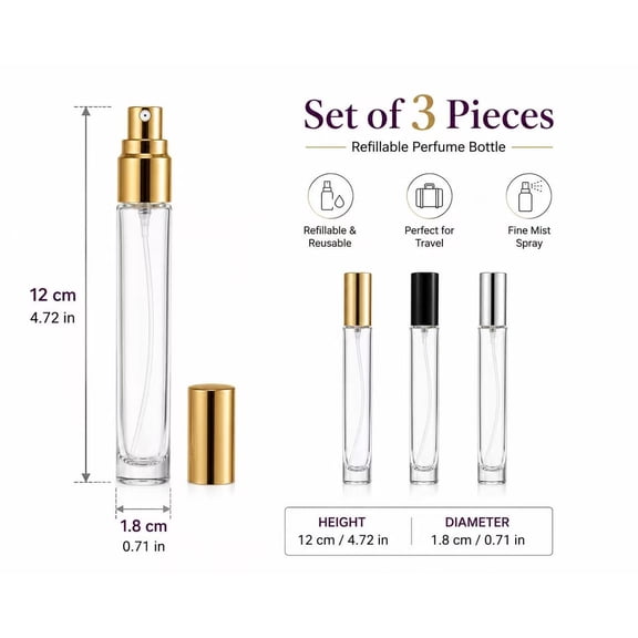3-Piece Empty Refillable Perfume Spray Bottle Set, 20 ml (0.68 fl oz) Each, Glass Travel Atomizers, Gold, Black & Silver Caps