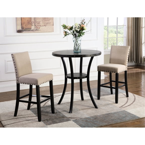 3-Piece Espresso Bar Dining Collection | Suitable for Cozy Coffee or Tea Time | Linen and Cotton Upholstered Stools | Offers Extra Storage