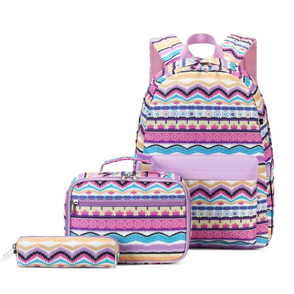 3-Piece Ethnic Print Backpack Set, Large Capacity Lightweight Casual Rucksack with Load Reduction Design for Middle & High School Students