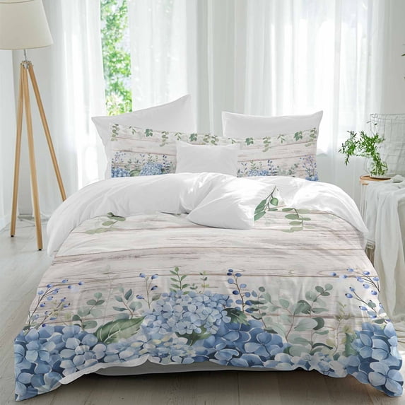 3 Piece Eucalyptus Flowers Duvet Cover Set California King,Microfiber Comforter/Quilt Cover with Corner Ties and 2 Pillowcases,Blue Floral Green Vintage Wood Grain Soft Bedding with Zipper Closure