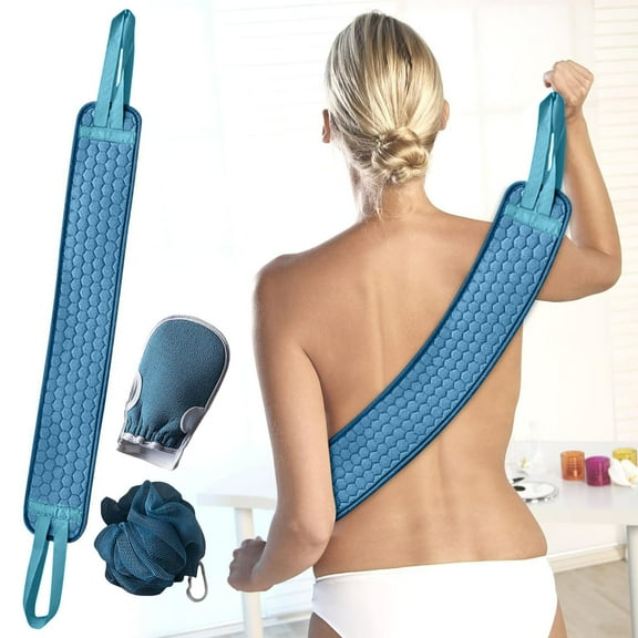 3-Piece Exfoliating Bath Set with Back Scrubber Towel & Loofah Ball | Thickened Plant Fiber Body Scrubber for Deep Cleansing | Includes Back Strip, Bath Towel & Bath Ball for Full Body Exfoliation