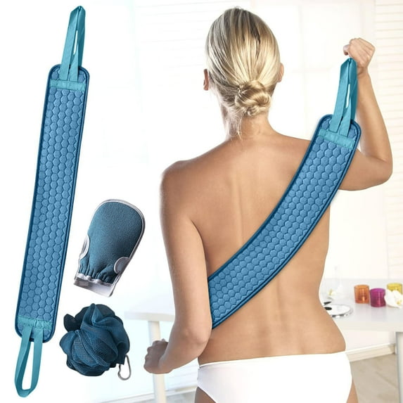 3-Piece Exfoliating Bath Set with Back Scrubber Towel & Loofah Ball | Thickened Plant Fiber Body Scrubber for Deep Cleansing | Includes Back Strip, Bath Towel & Bath Ball for Full Body Exfoliation