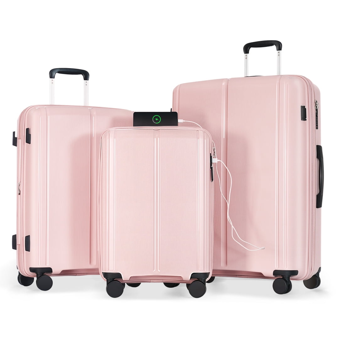 3 Piece Expandable Luggage Set with USB Port, 20/24/28 Inch PP