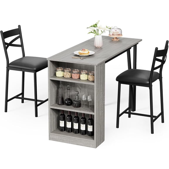 3 Piece Extendable Bar Table and Chairs Set with Storage Shelves, Space Saving Dining Table for 2 with PU Cushion Chairs, Perfect for Apartment, Breakfast Nook, Kitchen, or Dining Room, Grey