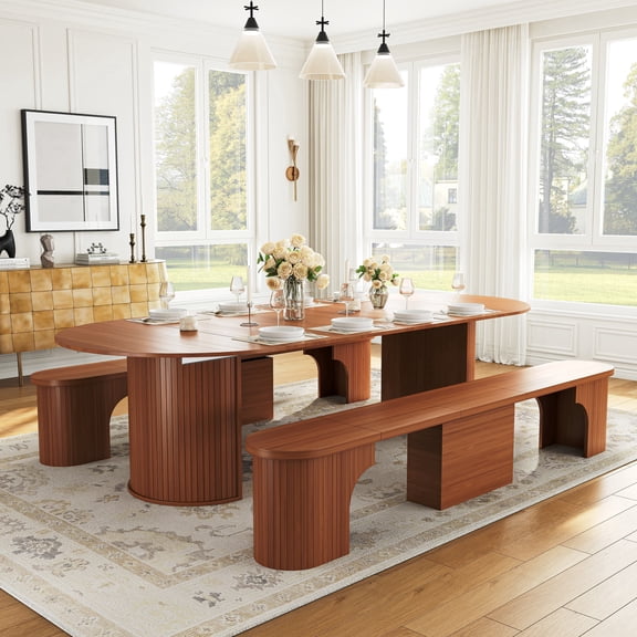 3-Piece Extendable Dining Set for 4–8, 45–105" Large Extendable Table with 2 Adjustable Benches, Space-Saving Wooden Kitchen Table for Apartment, Living Room, Kitchen
