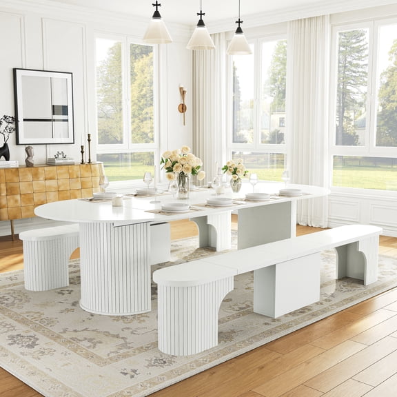 3-Piece Extendable Dining Set for 4–8, 45–105" Large Extendable Table with 2 Adjustable Benches, Space-Saving Wooden Kitchen Table for Apartment, Living Room, Kitchen
