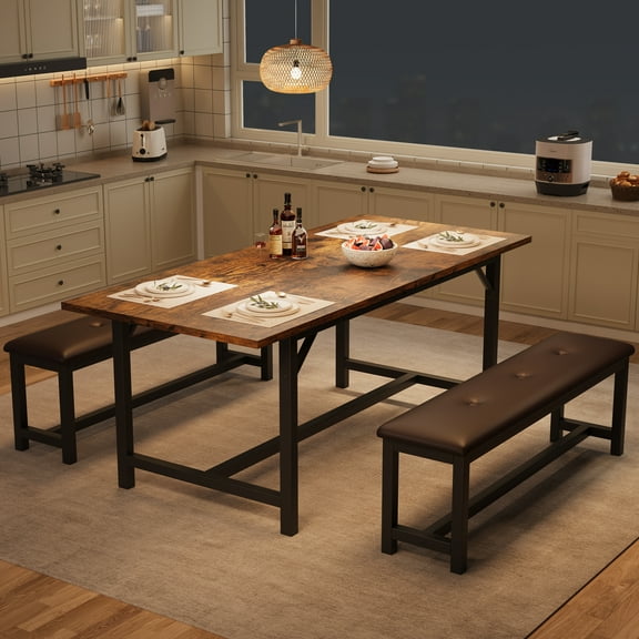 3-Piece Extendable Dining Table Set, 4-6 Person Space-Saving Kitchen Table with 2 Padded Benches, Wood Dining Room Dinette Set with Metal Frame Dining Room Table Set for Apartment, Kitchen