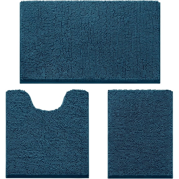 3 Piece Extra Large Ultra Soft Non Slip Absorbent Chenille Bathroom Rug Set Blue Atlantic Blue 17x24 Inch 20x32 Inch and U Shape 20x24 Inch