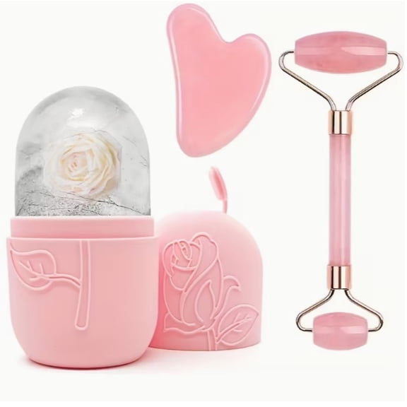 3-Piece Facial Massage Tool Set - Roller Massager, Ice Face Roller & Gua Sha Board for Body and Back Care
