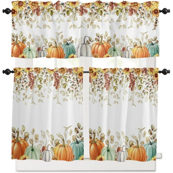 3 Piece Fall Pumpkin Eucalyptus Leaves Kitchen Curtains, Tier and Valance Rod Pocket Window Curtains Set Thanksgiving Cafe Curtains for Kitchen Valances Window Treatment 54X18in+27x36in×2