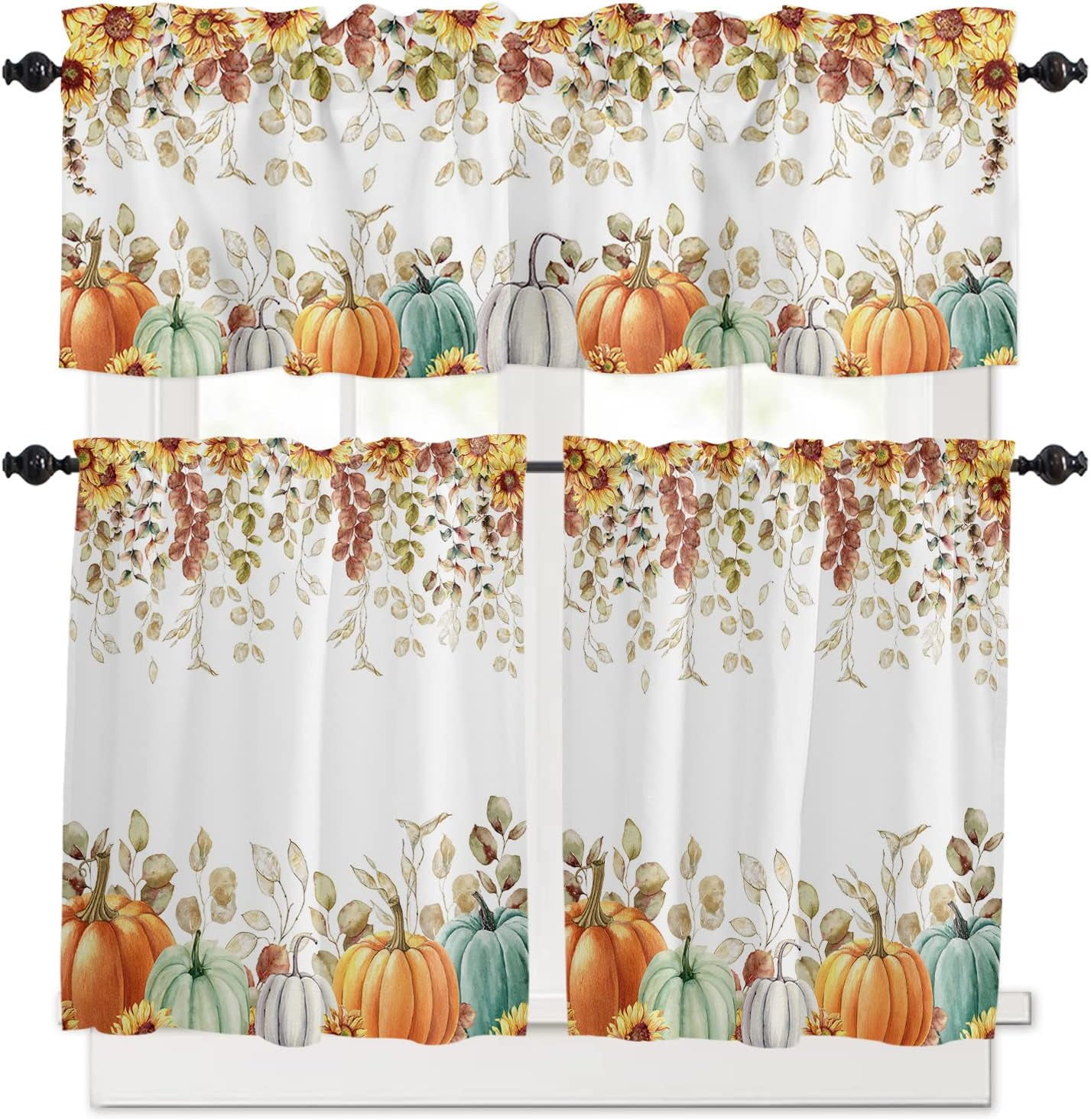 3 Piece Fall Pumpkin Eucalyptus Leaves Kitchen Curtains, Tier and ...