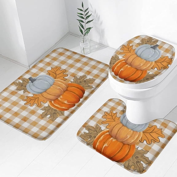 3 Piece Fall Pumpkins Bath Rug Sets Orange Buffalo Plaid Autumn Maple Leaves Thanksgiving Harvest Bath Mat Soft Non Slip Water Absorbent U-Shaped Contour Toilet Mat, Toilet Lid Cover