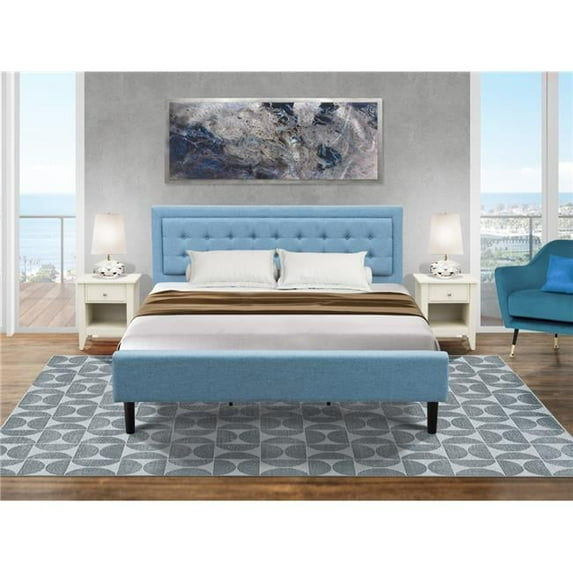 3 Piece Fannin Platform King Size Bedroom Set - Denim Blue, Black & Wire Brushed Butter Cream