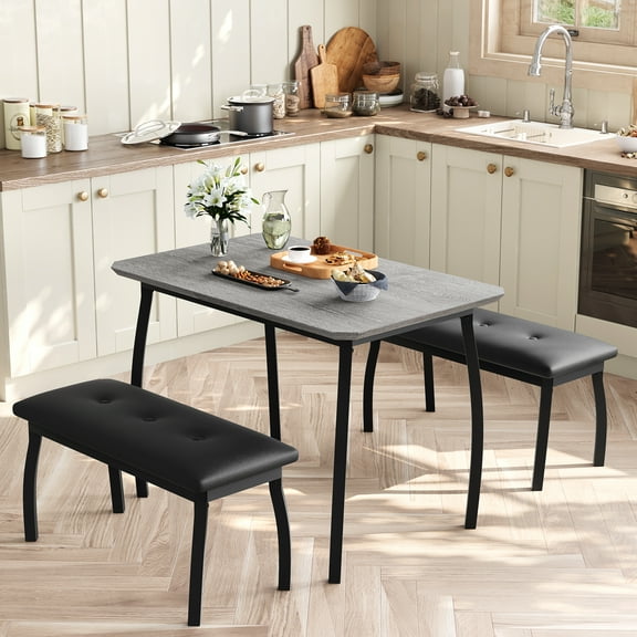3 Piece Farmhouse Dining Table Set for 4, Compact Rustic Kitchen Table with 2 Padded Benches, Space Saving Breakfast Nook Furniture Set for Small Spaces, Apartments, Vintage