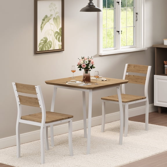 3-Piece Farmhouse Dining Table Set for 2 - Square Compact Design, Metal Frame & 2 Upholstered Chairs, Ideal for Small Spaces, Apartments & Kitchens