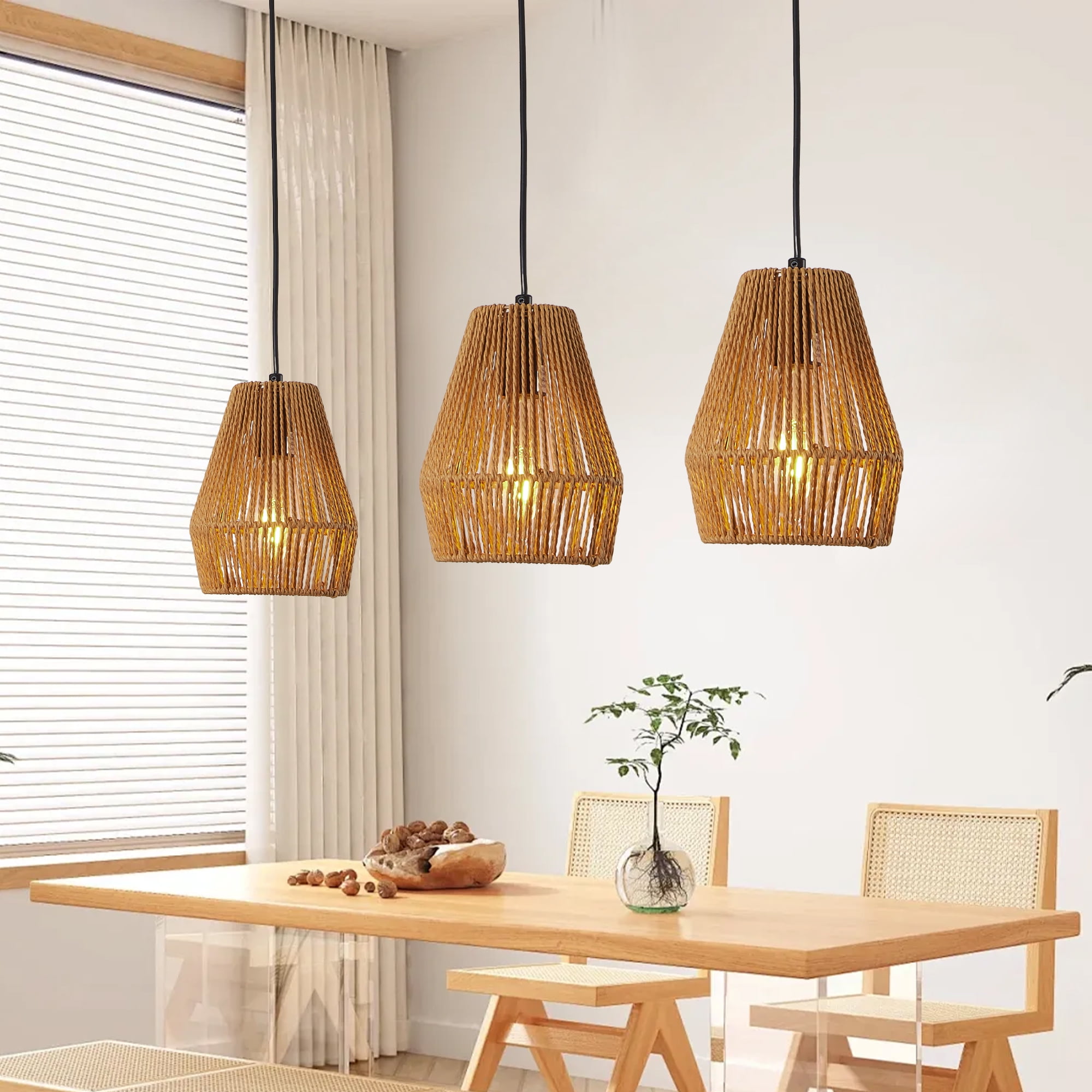 Light Fixture Rope Rustic 3 Piece Farmhouse Hemp Rope Woven Pendant Light, Rustic Hanging Light ...