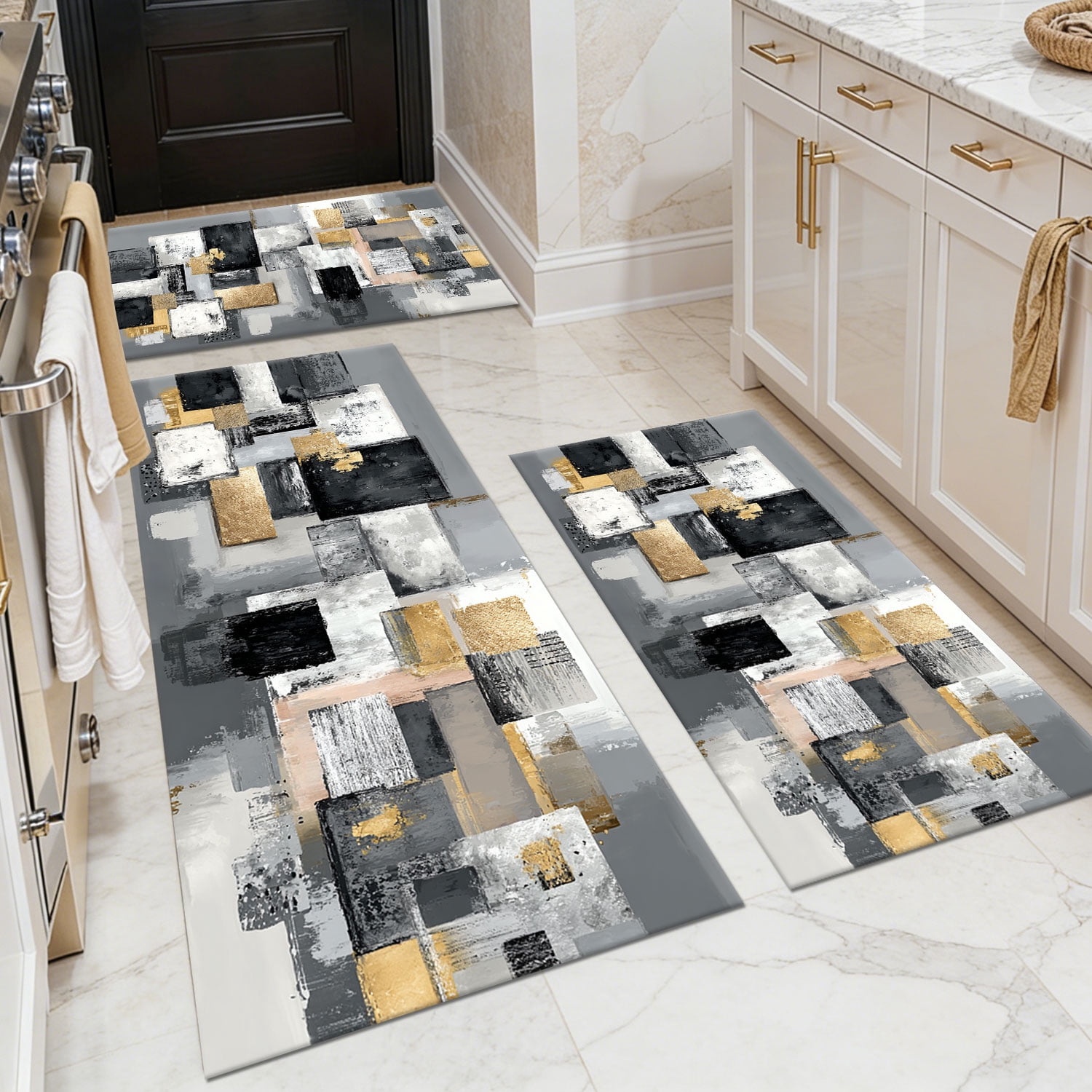 3-Piece Farmhouse Kitchen Rug Set, Washable Anti Slip Striped Floor Mats in 3 Sizes, Stain Resistant Decor Rugs for Kitchen Hallway Bathroom Home Christmas Decor