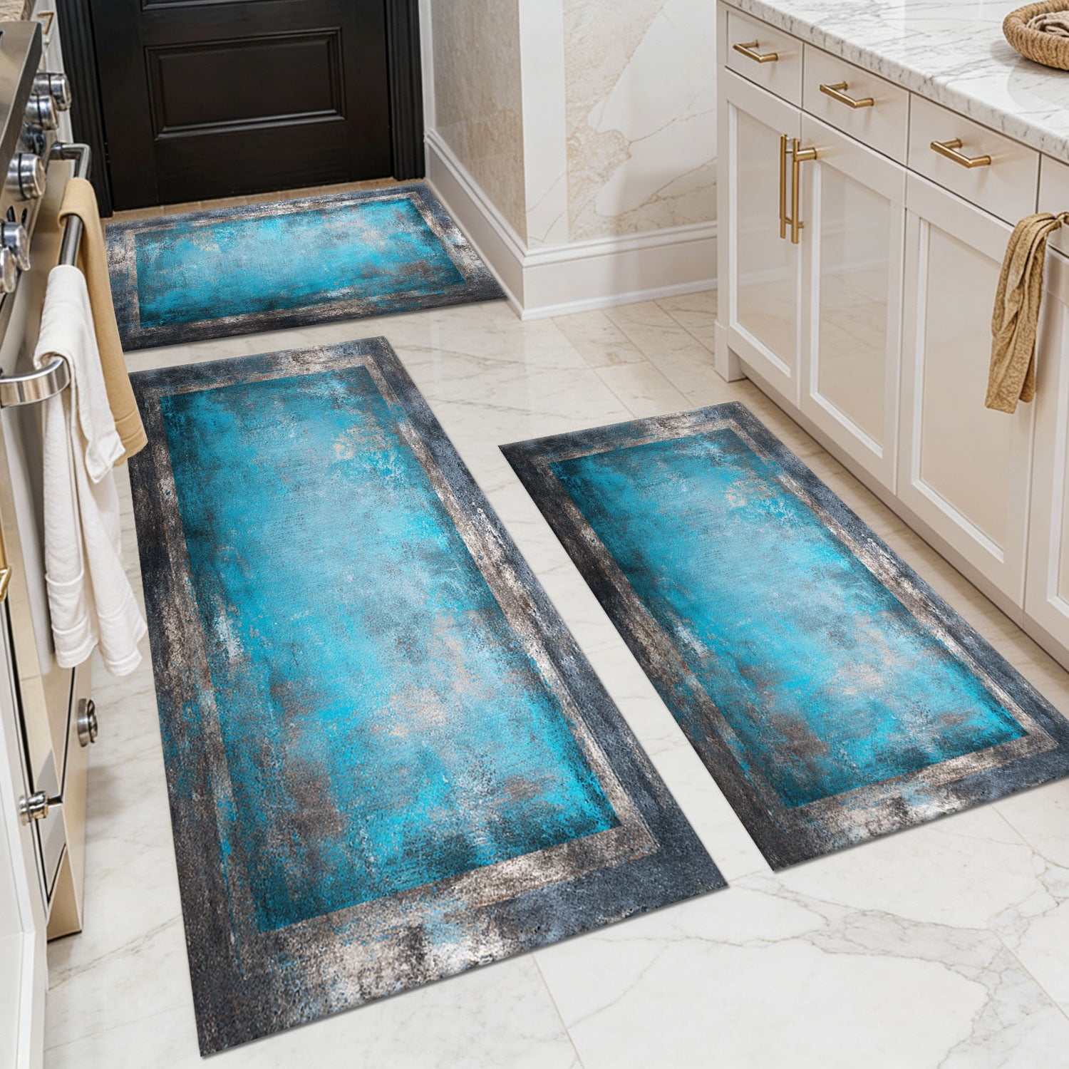 3-Piece Farmhouse Kitchen Rug Set, Washable Anti Slip Striped Floor Mats in 3 Sizes, Stain Resistant Decor Rugs for Kitchen Hallway Bathroom Home Christmas Decor