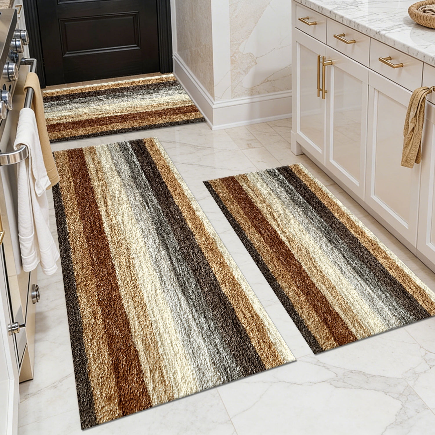3-Piece Farmhouse Kitchen Rug Set, Washable Anti Slip Striped Floor Mats in 3 Sizes, Stain Resistant Decor Rugs for Kitchen Hallway Bathroom Home Christmas Decor