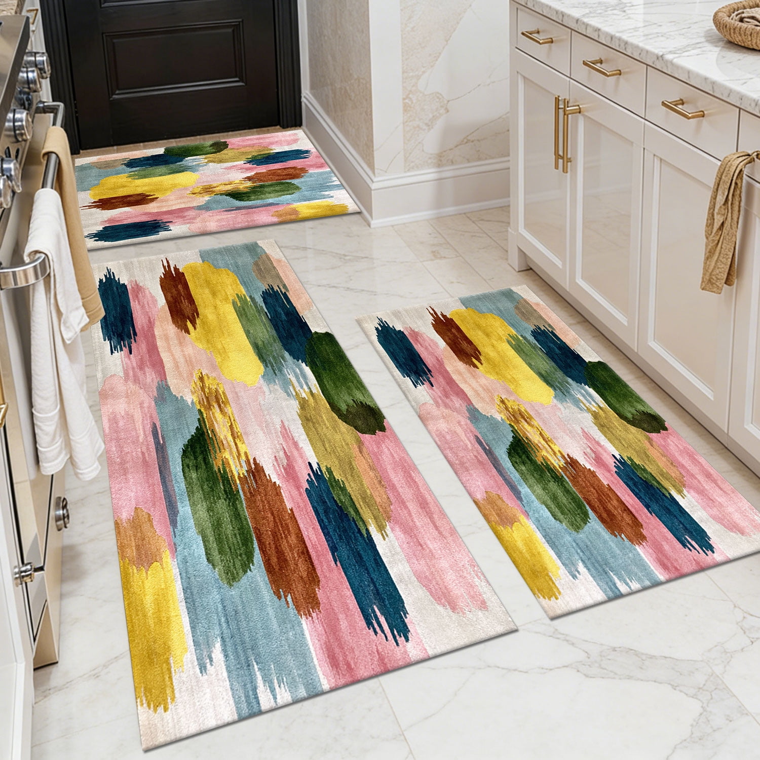 3-Piece Farmhouse Kitchen Rug Set, Washable Anti Slip Striped Floor Mats in 3 Sizes, Stain Resistant Decor Rugs for Kitchen Hallway Bathroom Home Christmas Decor