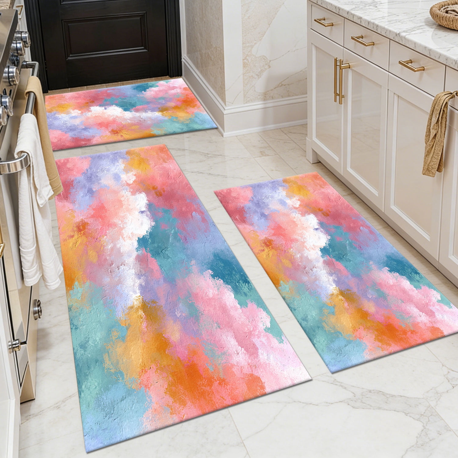 3-Piece Farmhouse Kitchen Rug Set, Washable Anti Slip Striped Floor Mats in 3 Sizes, Stain Resistant Decor Rugs for Kitchen Hallway Bathroom Home Christmas Decor