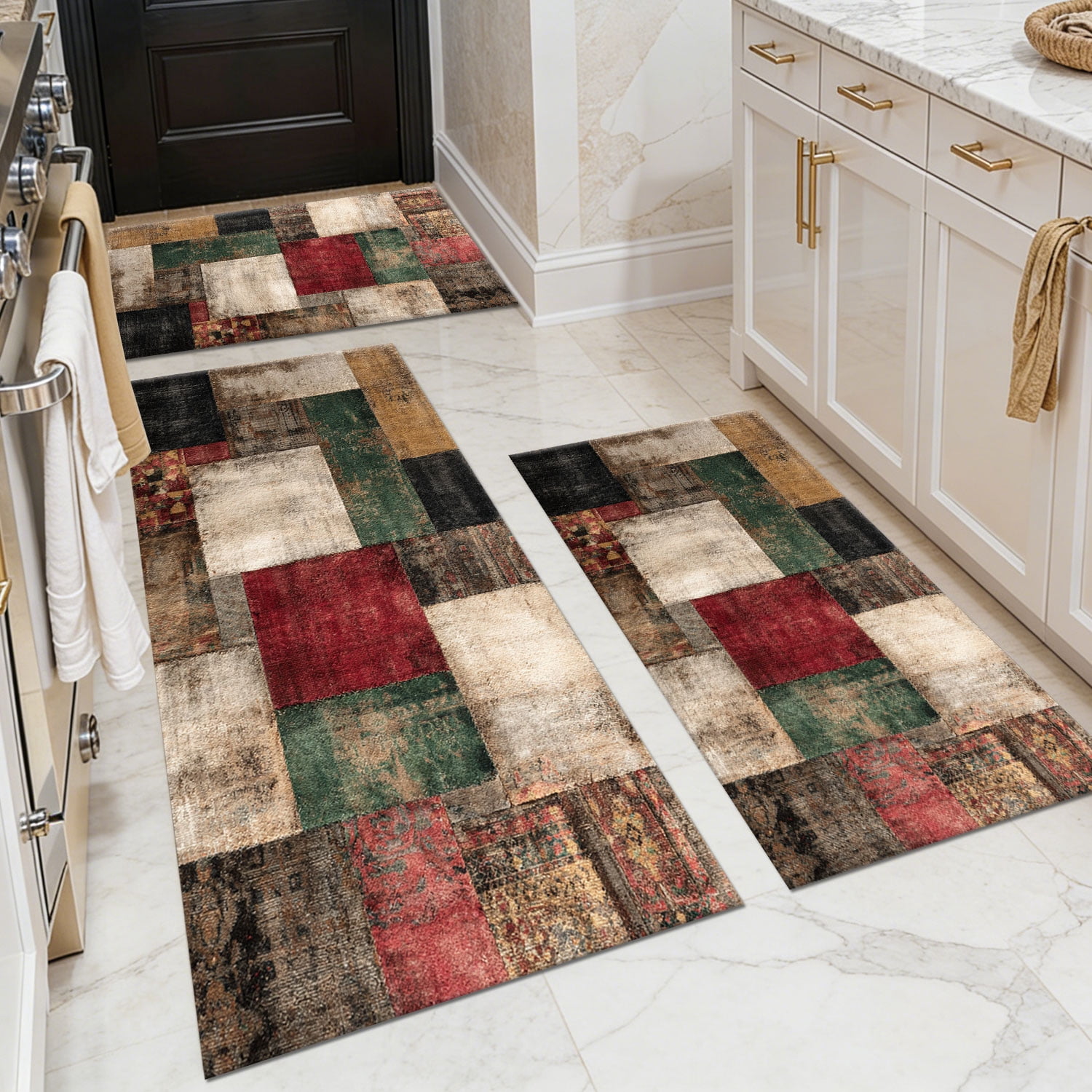 3-Piece Farmhouse Kitchen Rug Set, Washable Anti Slip Striped Floor Mats in 3 Sizes, Stain Resistant Decor Rugs for Kitchen Hallway Bathroom Home Christmas Decor