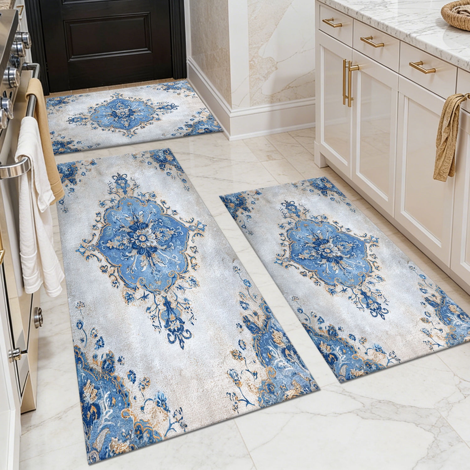 3-Piece Farmhouse Kitchen Rug Set, Washable Anti Slip Striped Floor Mats in 3 Sizes, Stain Resistant Decor Rugs for Kitchen Hallway Bathroom Home Christmas Decor