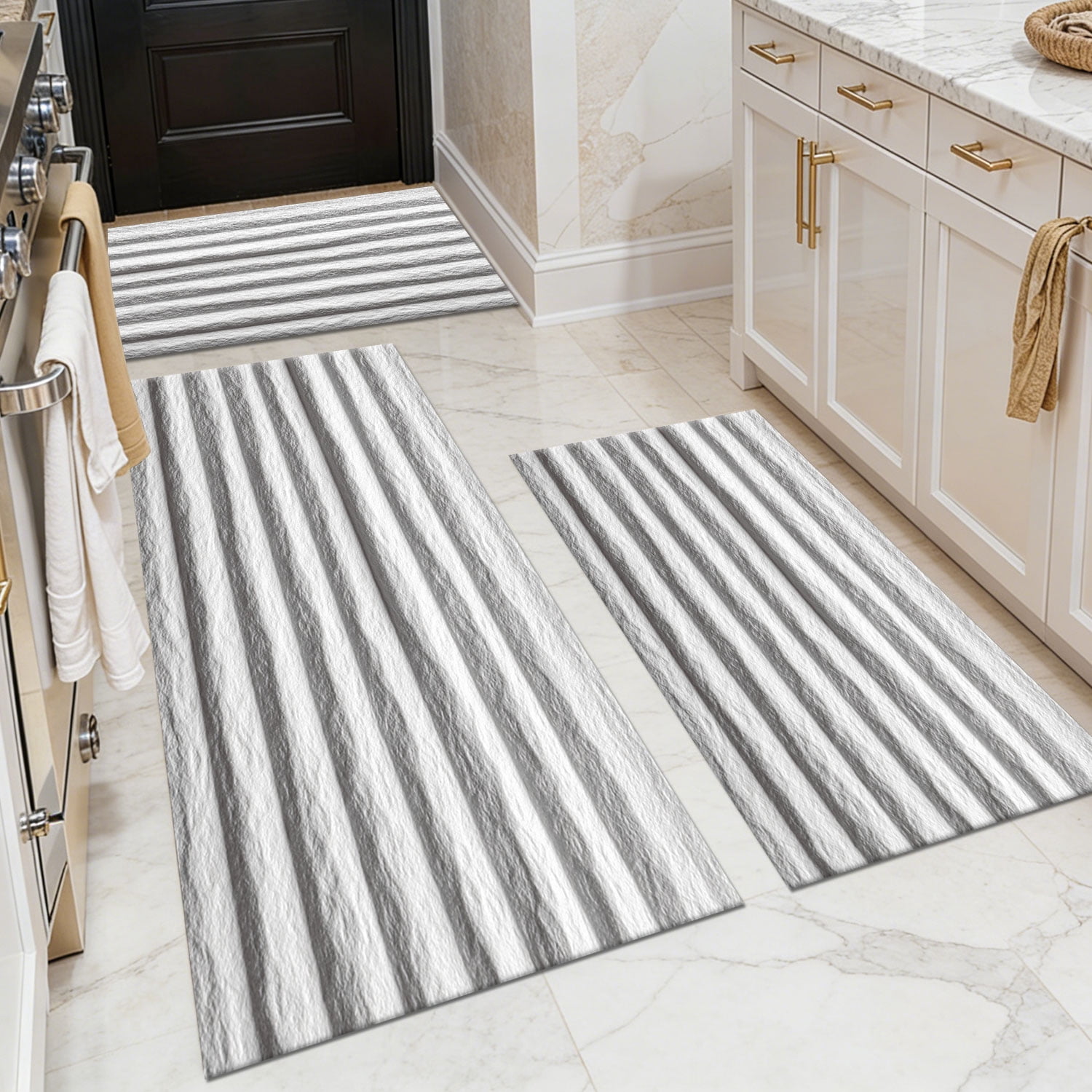 3-Piece Farmhouse Kitchen Rug Set, Washable Anti Slip Striped Floor Mats in 3 Sizes, Stain Resistant Decor Rugs for Kitchen Hallway Bathroom Home Christmas Decor