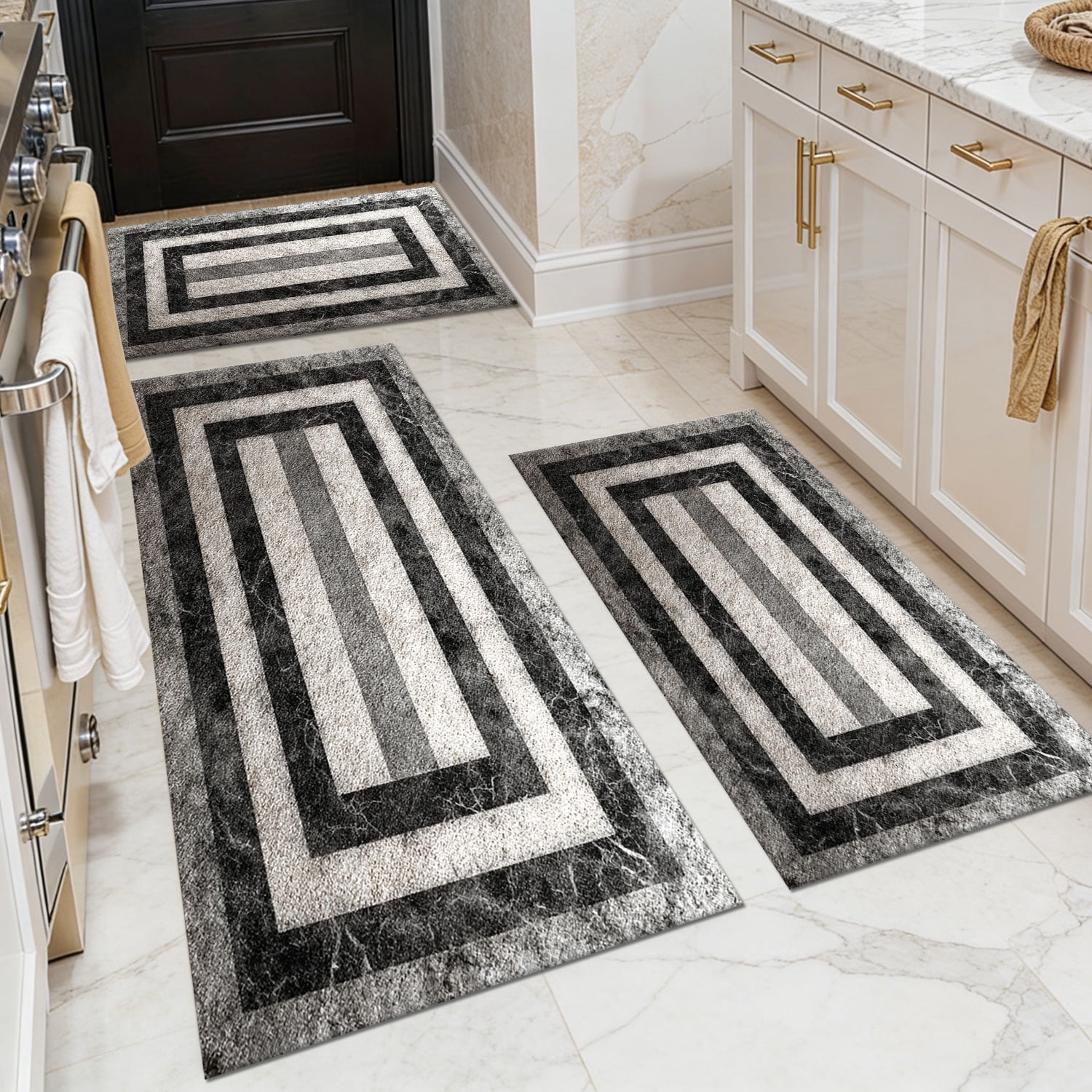 3-Piece Farmhouse Kitchen Rug Set, Washable Anti Slip Striped Floor Mats in 3 Sizes, Stain Resistant Decor Rugs for Kitchen Hallway Bathroom Home Christmas Decor