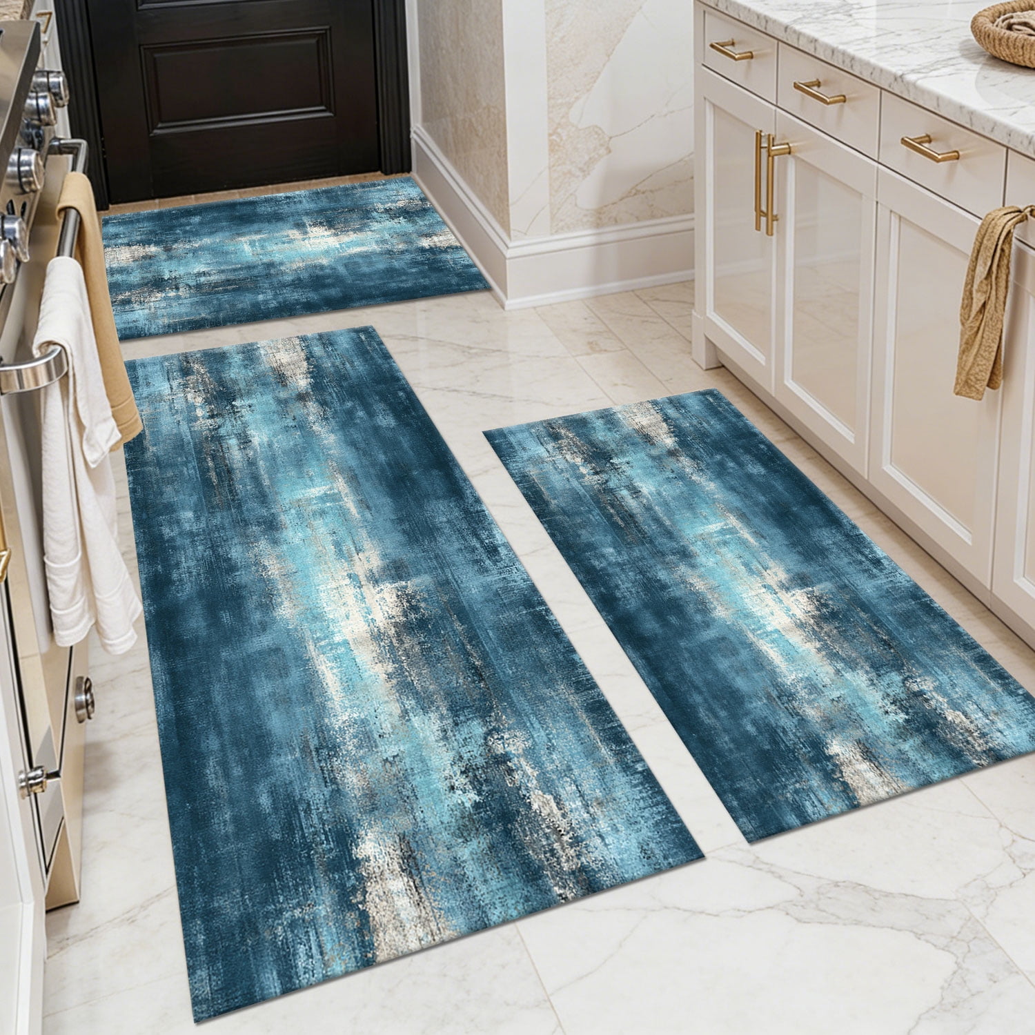 3-Piece Farmhouse Kitchen Rug Set, Washable Anti Slip Striped Floor Mats in 3 Sizes, Stain Resistant Decor Rugs for Kitchen Hallway Bathroom Home Christmas Decor