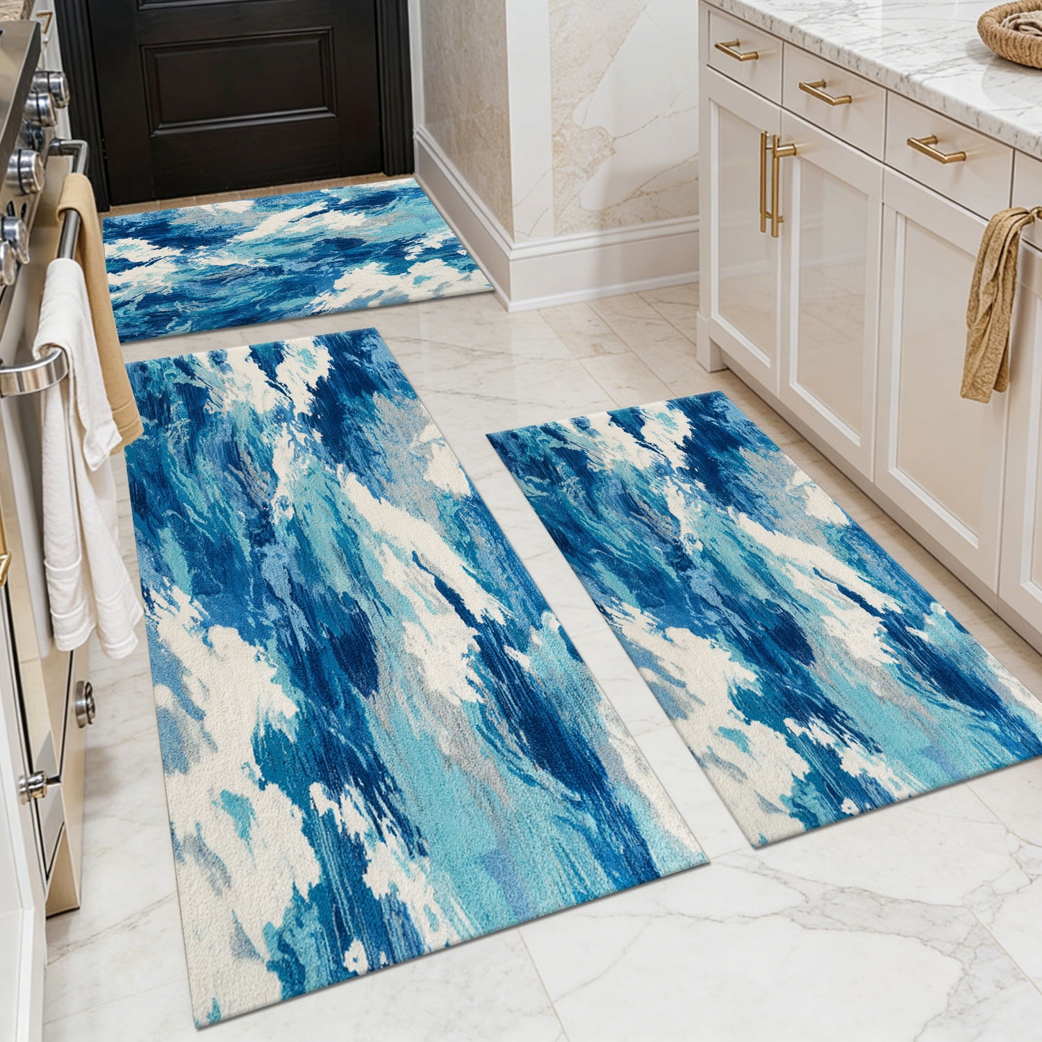 3-Piece Farmhouse Kitchen Rug Set, Washable Anti Slip Striped Floor Mats in 3 Sizes, Stain Resistant Decor Rugs for Kitchen Hallway Bathroom Home Christmas Decor