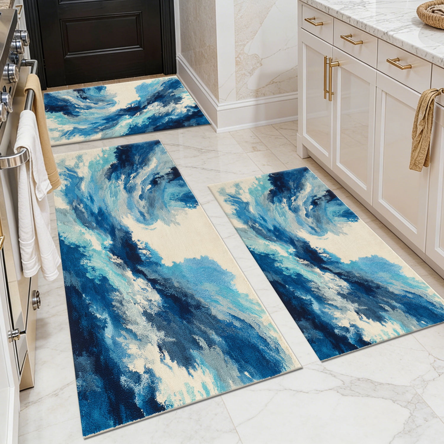 3-Piece Farmhouse Kitchen Rug Set, Washable Anti Slip Striped Floor Mats in 3 Sizes, Stain Resistant Decor Rugs for Kitchen Hallway Bathroom Home Christmas Decor