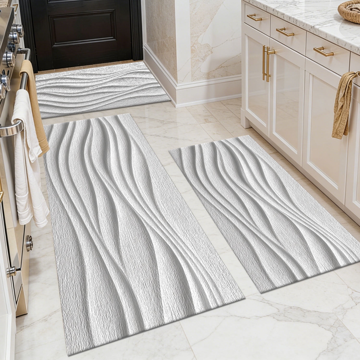 3-Piece Farmhouse Kitchen Rug Set, Washable Anti Slip Striped Floor Mats in 3 Sizes, Stain Resistant Decor Rugs for Kitchen Hallway Bathroom Home Christmas Decor