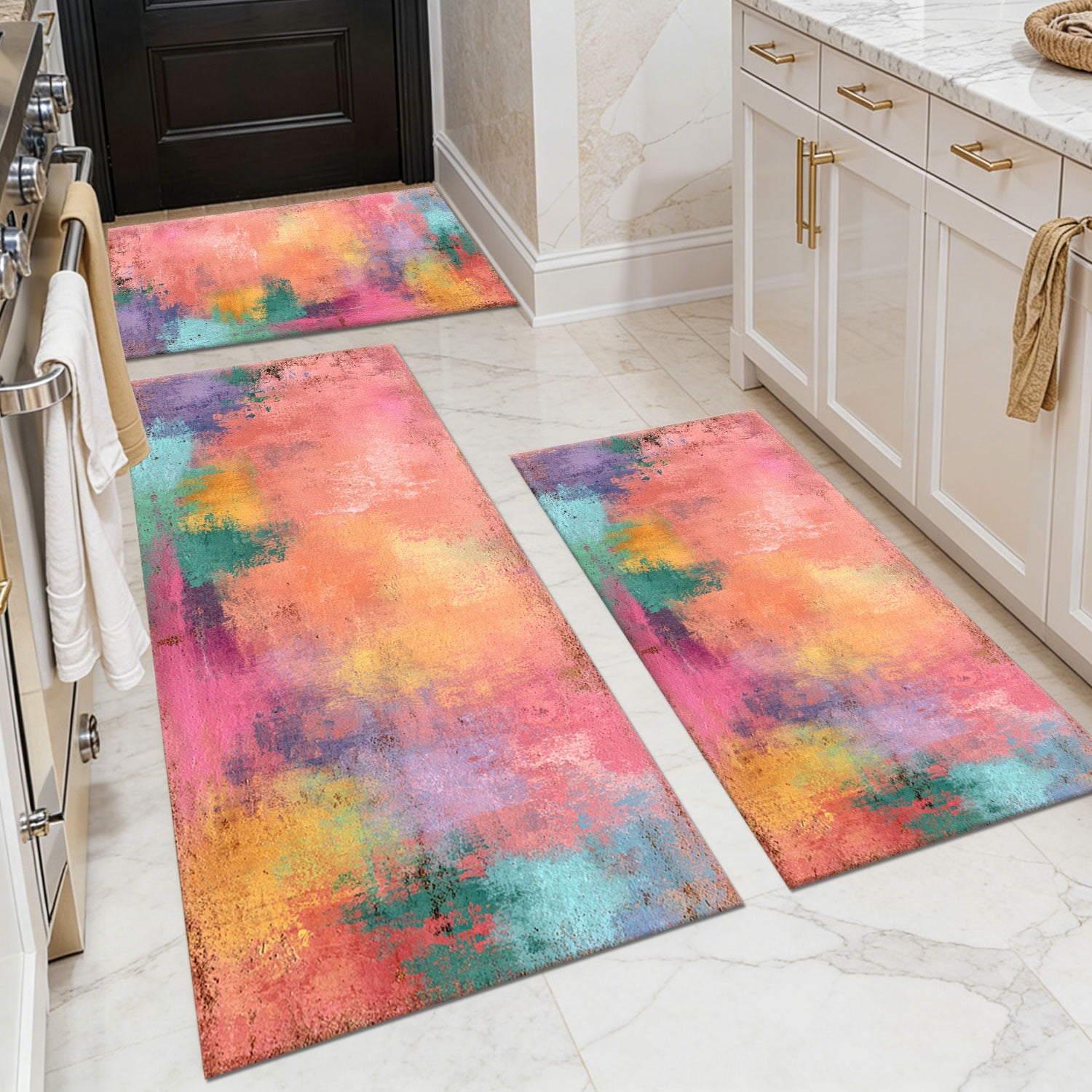3-Piece Farmhouse Kitchen Rug Set, Washable Anti Slip Striped Floor Mats in 3 Sizes, Stain Resistant Decor Rugs for Kitchen Hallway Bathroom Home Christmas Decor