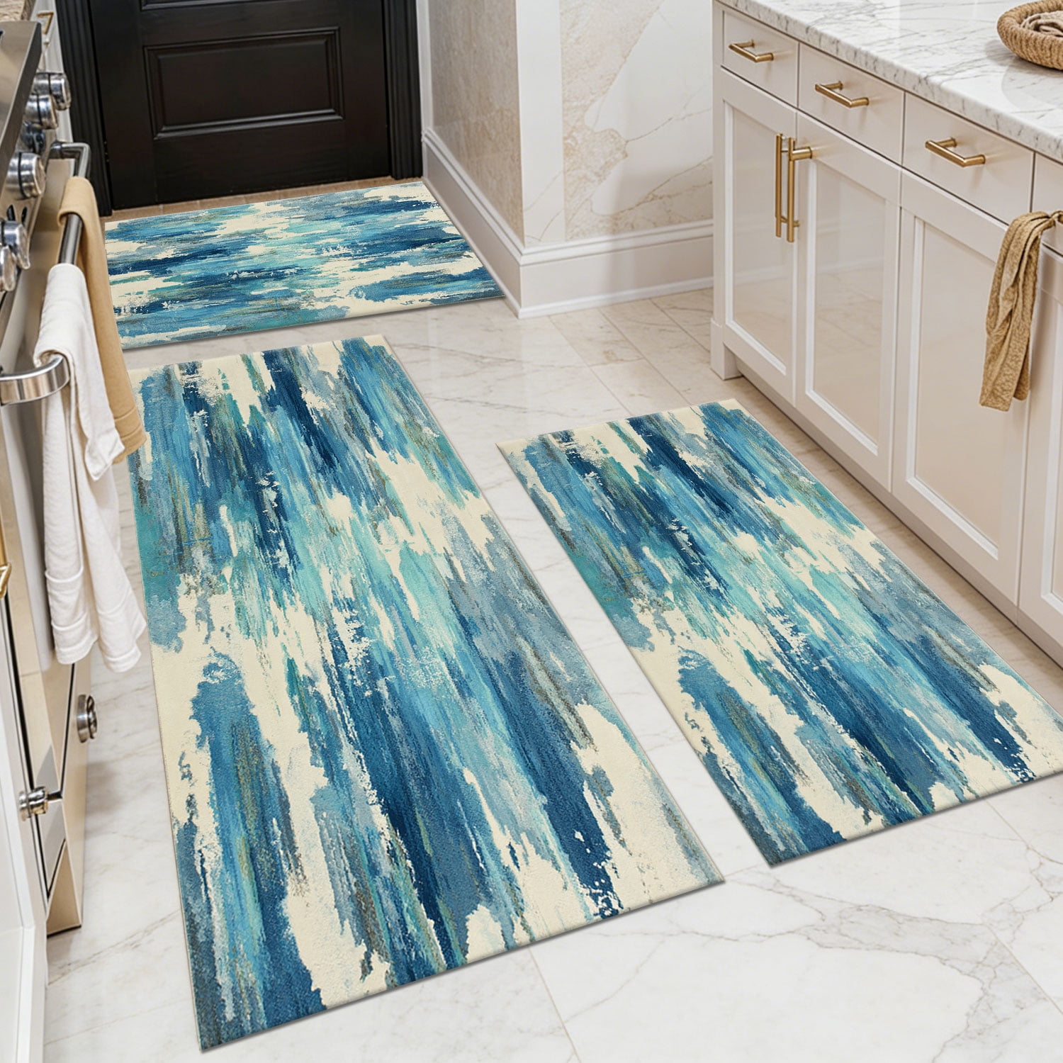 3-Piece Farmhouse Kitchen Rug Set, Washable Anti Slip Striped Floor Mats in 3 Sizes, Stain Resistant Decor Rugs for Kitchen Hallway Bathroom Home Christmas Decor