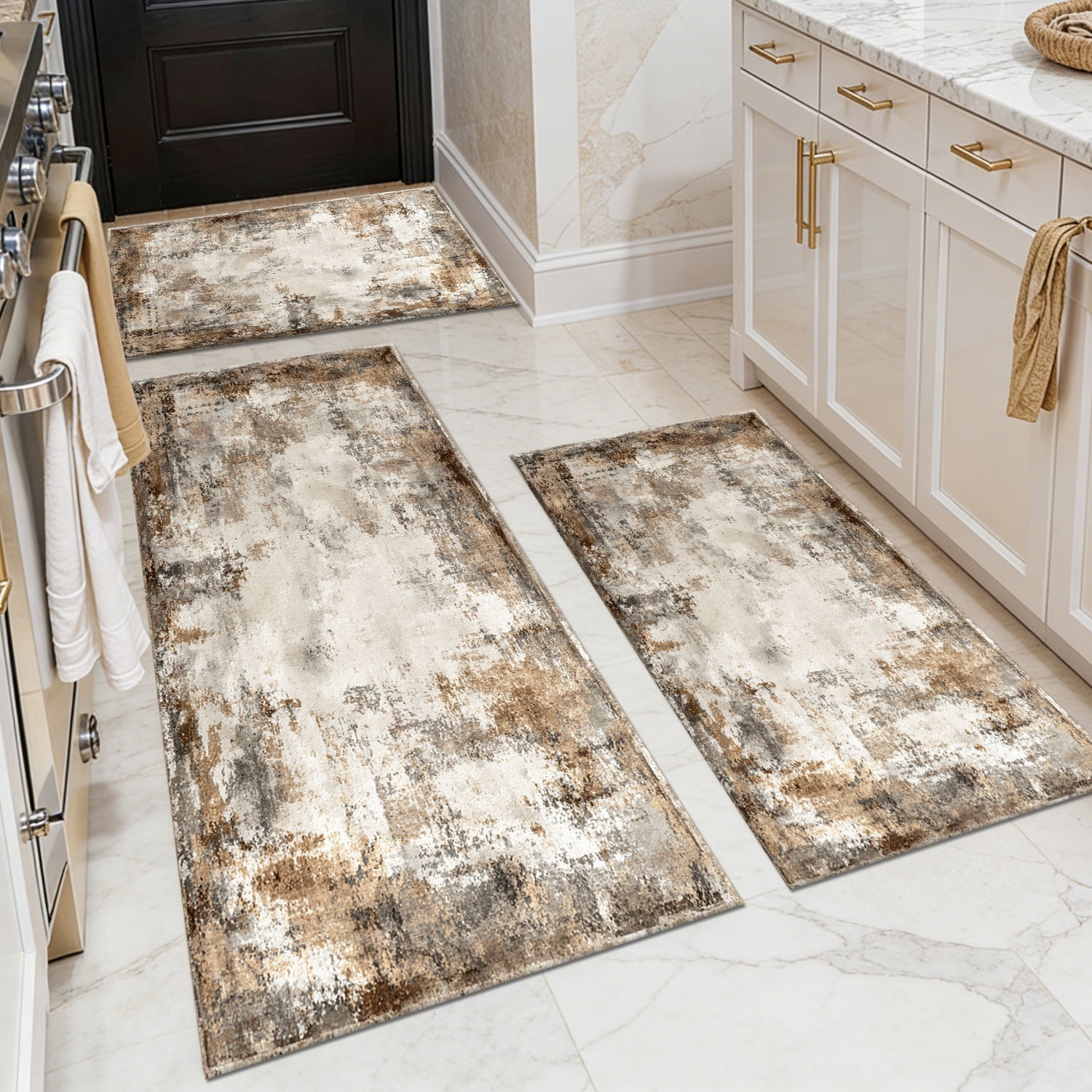 3-Piece Farmhouse Kitchen Rug Set, Washable Anti Slip Striped Floor Mats in 3 Sizes, Stain Resistant Decor Rugs for Kitchen Hallway Bathroom Home Christmas Decor