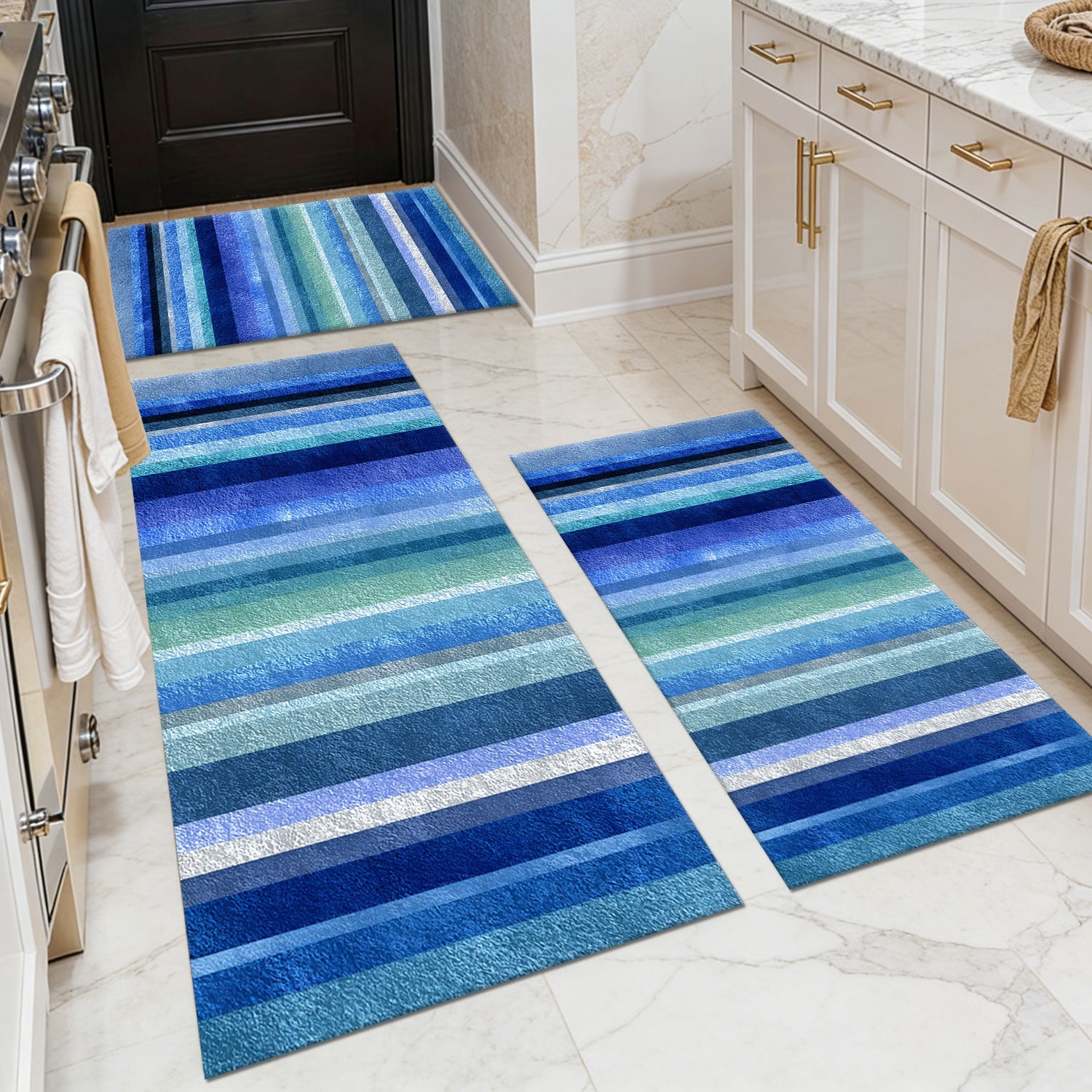 3-Piece Farmhouse Kitchen Rug Set, Washable Anti Slip Striped Floor Mats in 3 Sizes, Stain Resistant Decor Rugs for Kitchen Hallway Bathroom Home Christmas Decor