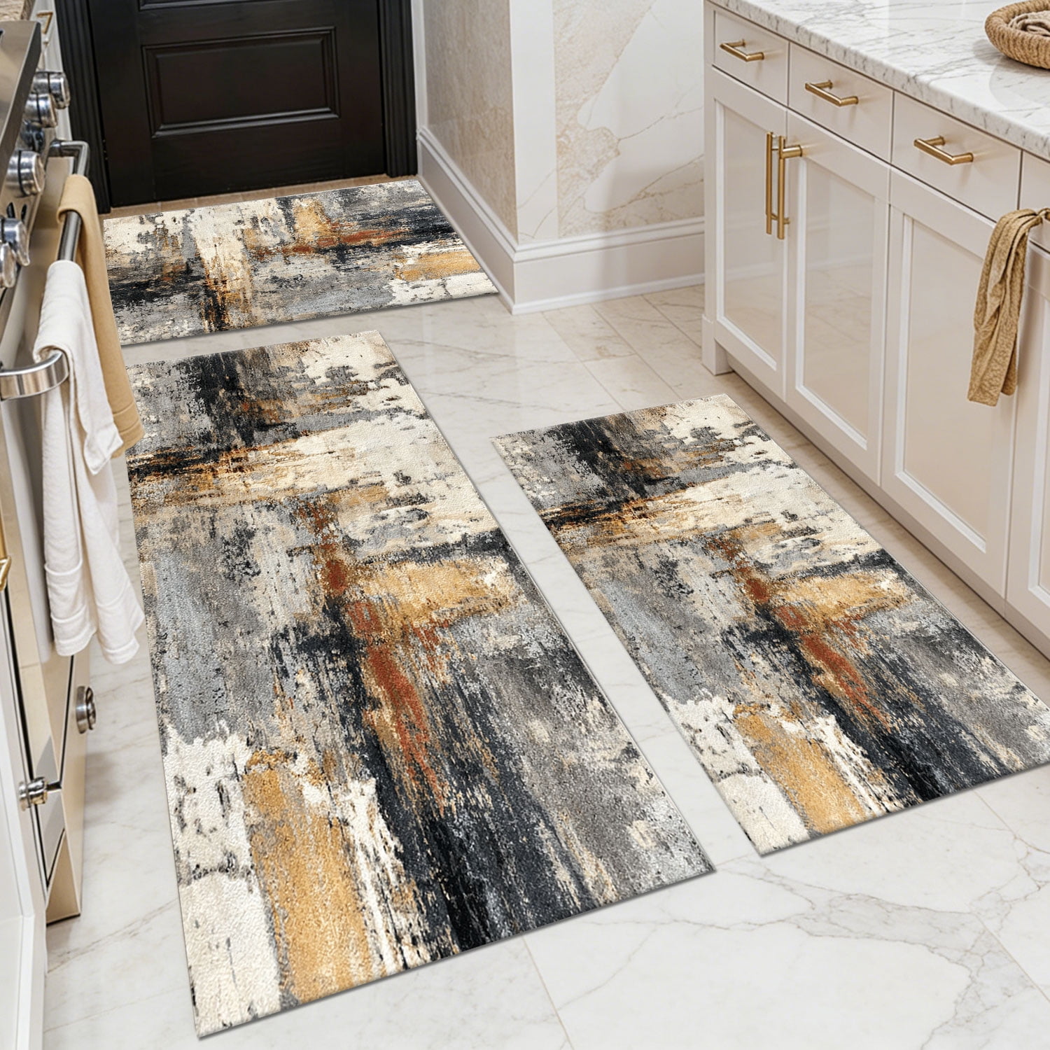 3-Piece Farmhouse Kitchen Rug Set, Washable Anti Slip Striped Floor Mats in 3 Sizes, Stain Resistant Decor Rugs for Kitchen Hallway Bathroom Home Christmas Decor