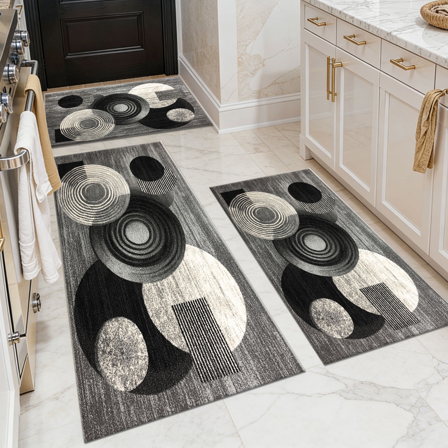 3-Piece Farmhouse Kitchen Rug Set, Washable Anti Slip Striped Floor Mats in 3 Sizes, Stain Resistant Decor Rugs for Kitchen Hallway Bathroom Home Christmas Decor