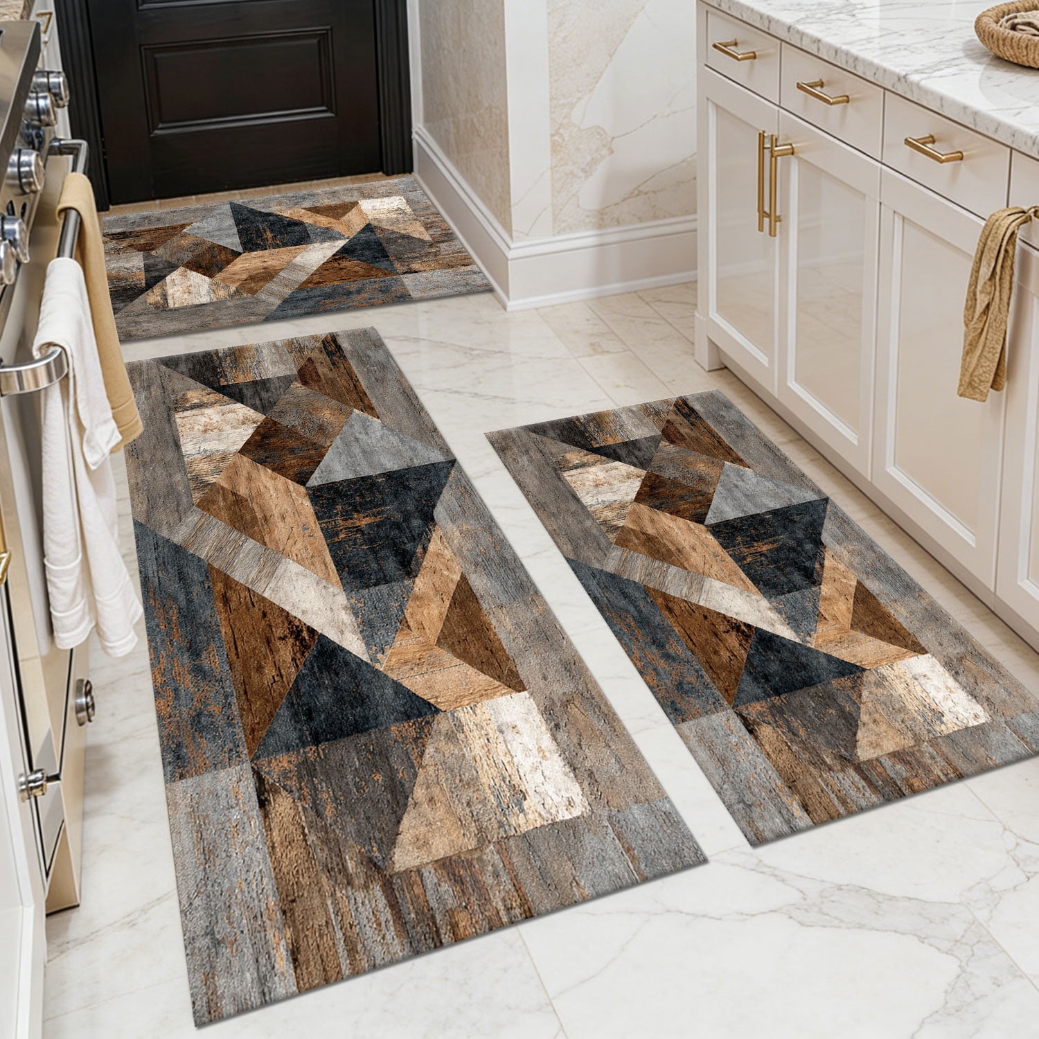 3-Piece Farmhouse Kitchen Rug Set, Washable Anti Slip Striped Floor Mats in 3 Sizes, Stain Resistant Decor Rugs for Kitchen Hallway Bathroom Home Christmas Decor